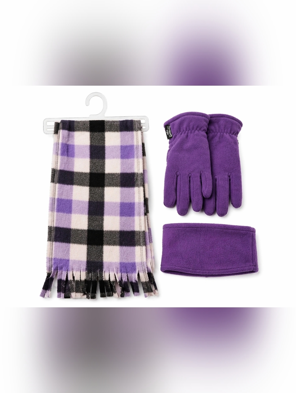Purple Fleece Glove and Plaid Scarf Set - Picture 3 of 3